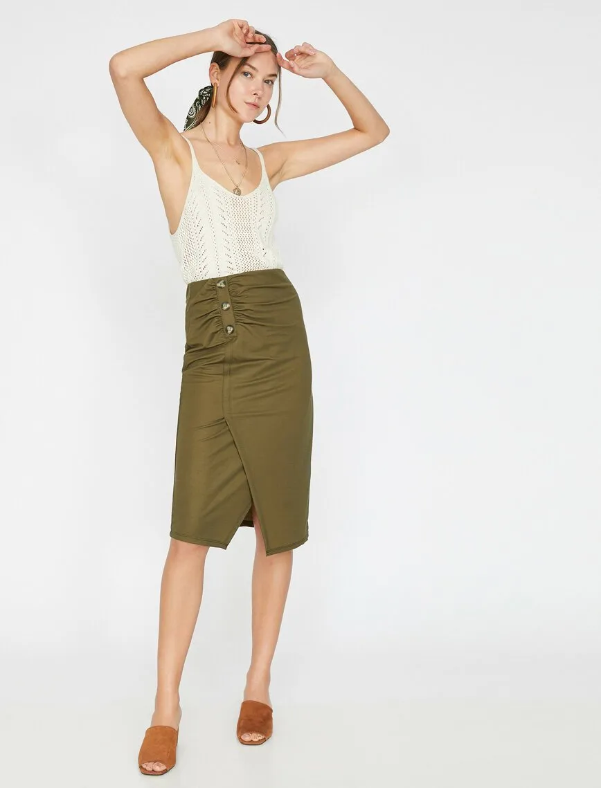 11913 Khaki Button Detailed Midi Skirt