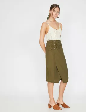 11913 Khaki Button Detailed Midi Skirt