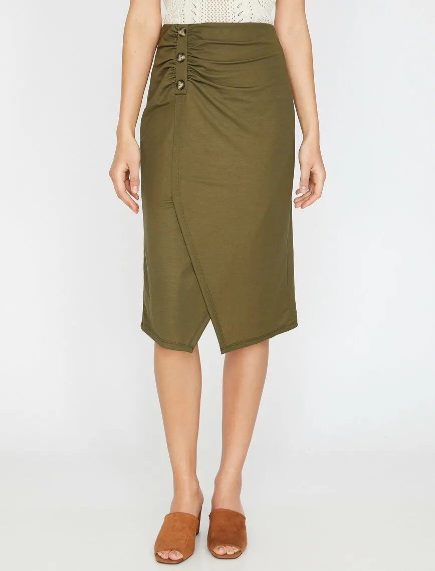 11913 Khaki Button Detailed Midi Skirt