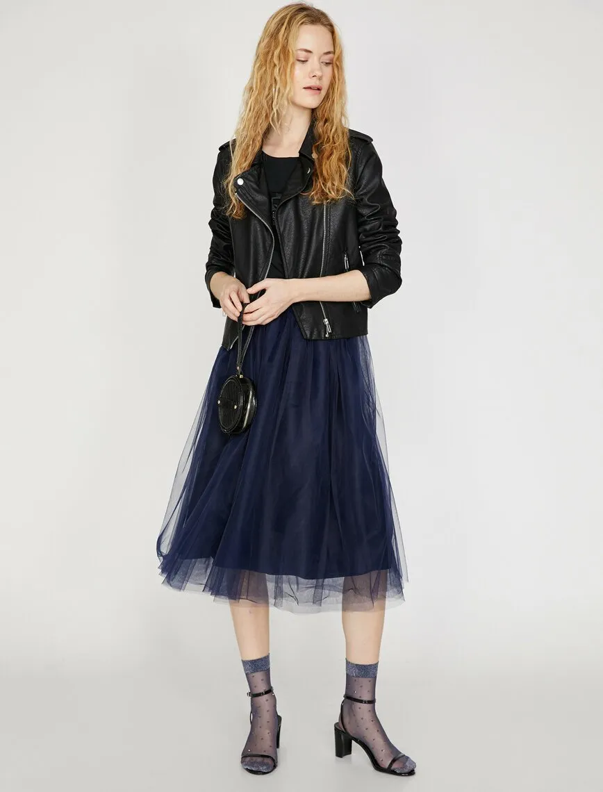 12345 Navy Tulle Midi Skirt