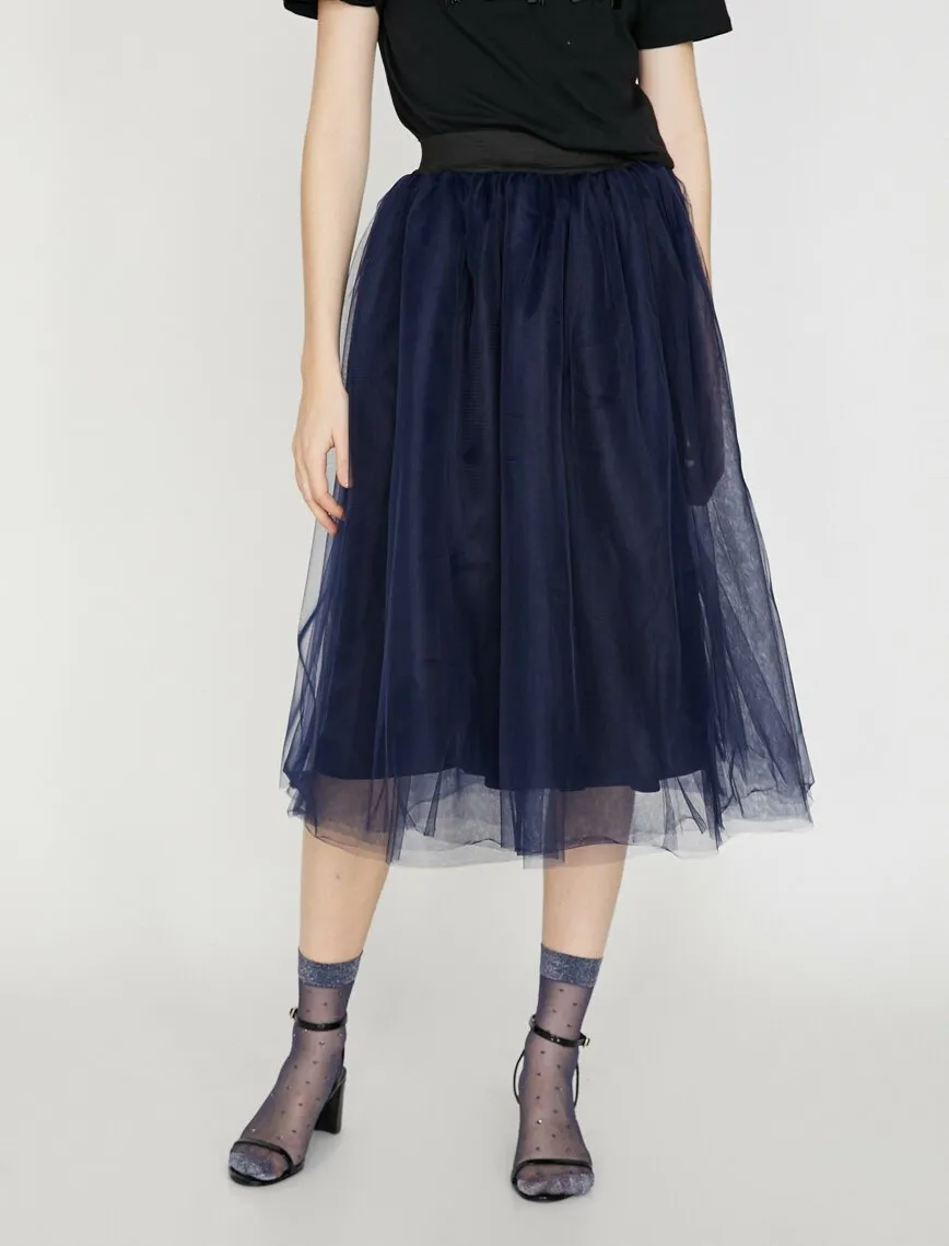 12345 Navy Tulle Midi Skirt