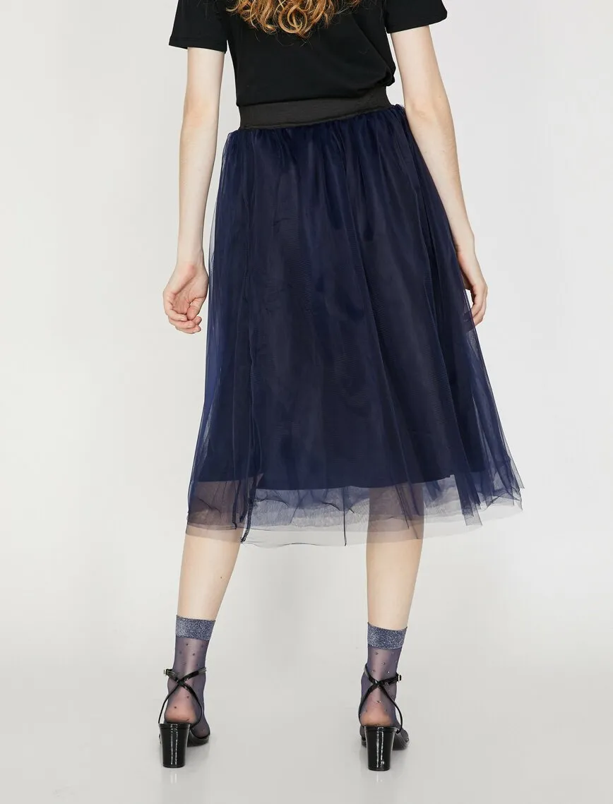 12345 Navy Tulle Midi Skirt