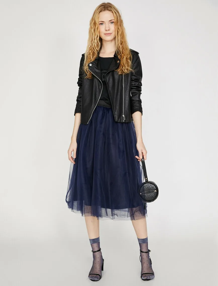 12345 Navy Tulle Midi Skirt