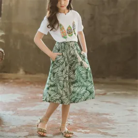 2-piece Plant Printed T-Shirt&Skirt for Girl