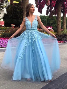 A Line V Neck Light Blue Lace Long Prom 2020, Light Blue Lace Formal, Light Blue Evening