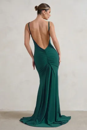 Adele | Bottle Green Backless Ruched Fishtail Cami Maxi Dress