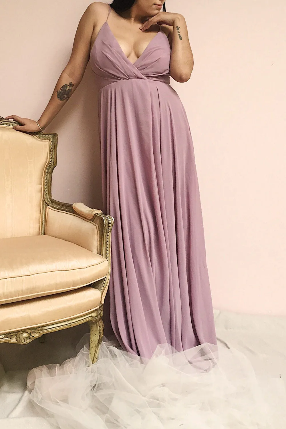 Aelis Mauve | Pleated Plunging V-Neckline Gown