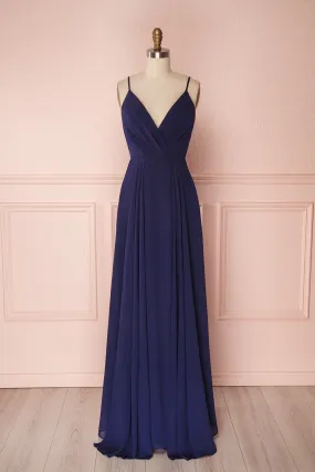 Aelis Navy | Pleated Plunging V-Neckline Gown