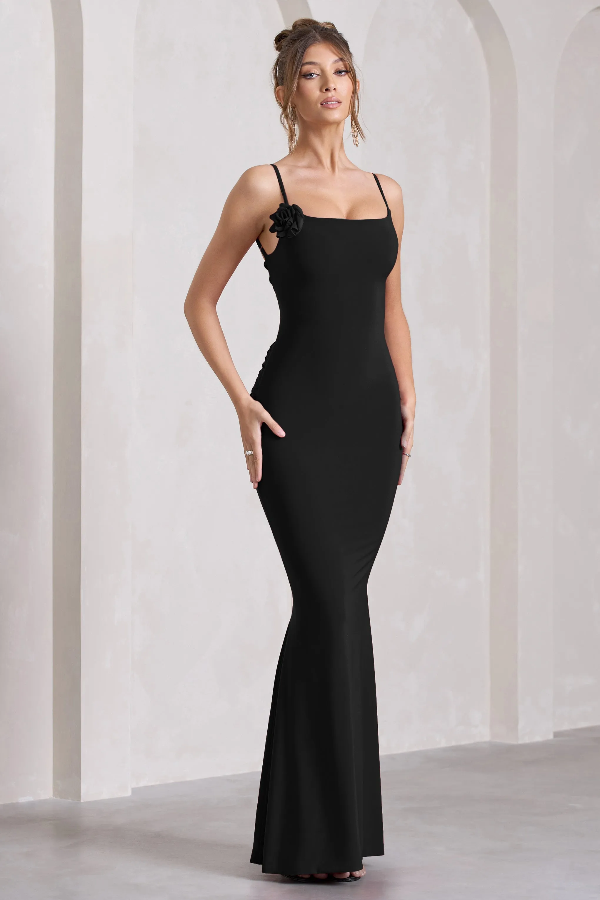 Alora | Black Strappy Lace-Up Maxi Dress With Flower Corsage