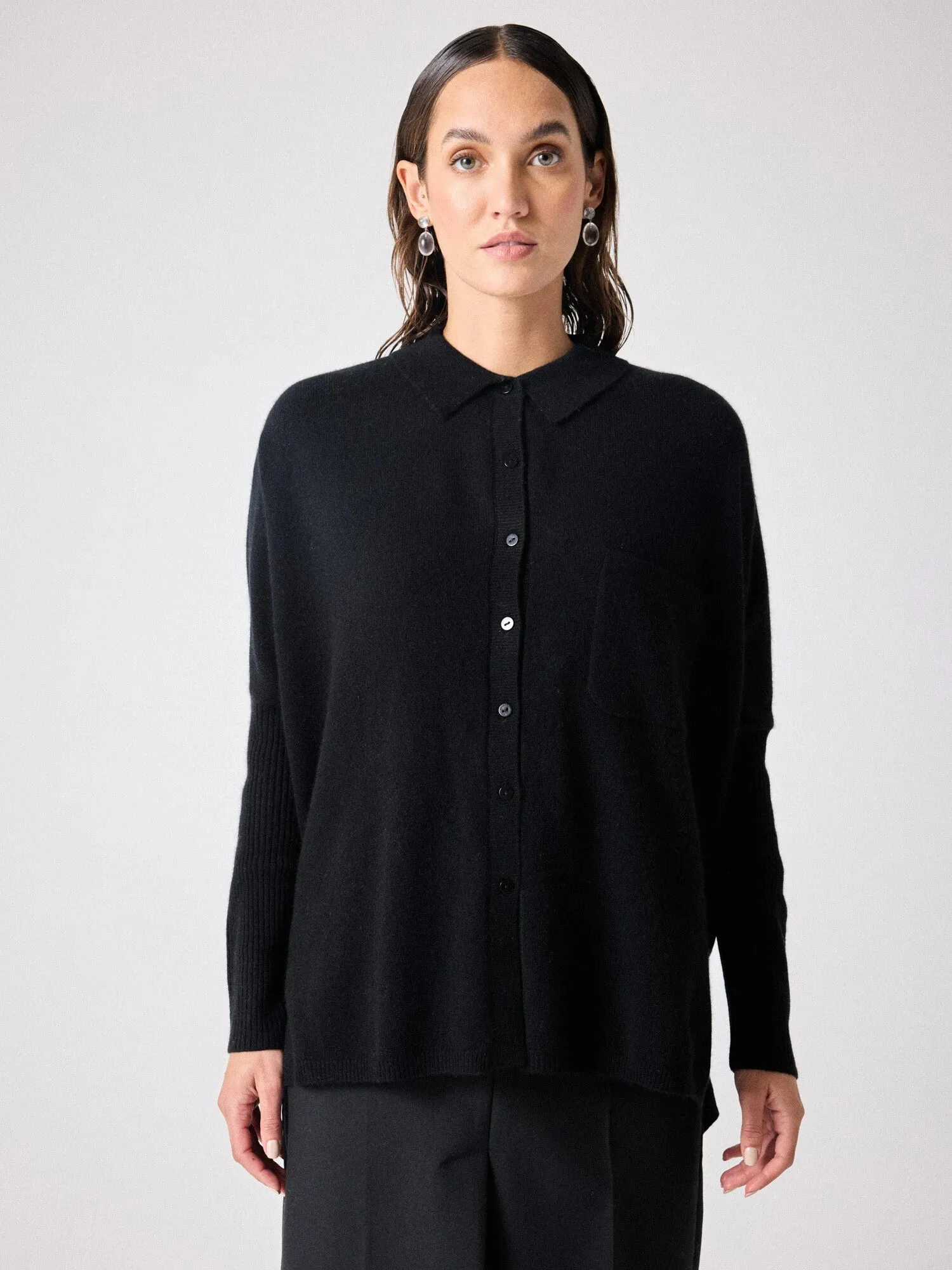 Andrea Black Cashmere Shirt Poncho Jumper