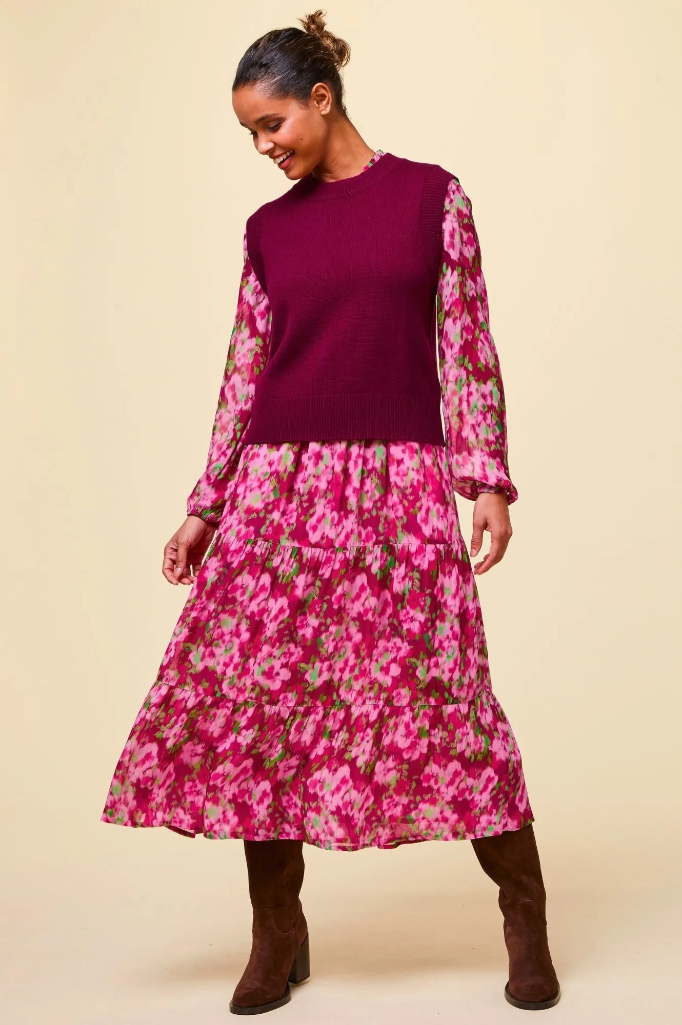 Arabelle Dress | Hazy Floral Burgundy/Pink