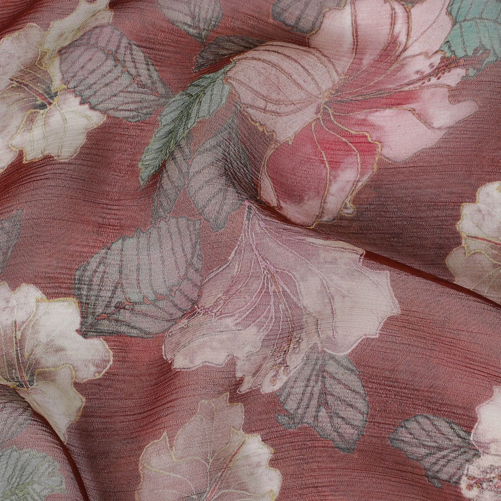 Barn red Premium pure wrinkle silk chiffon fabric with multicolor print in floral design-D17004