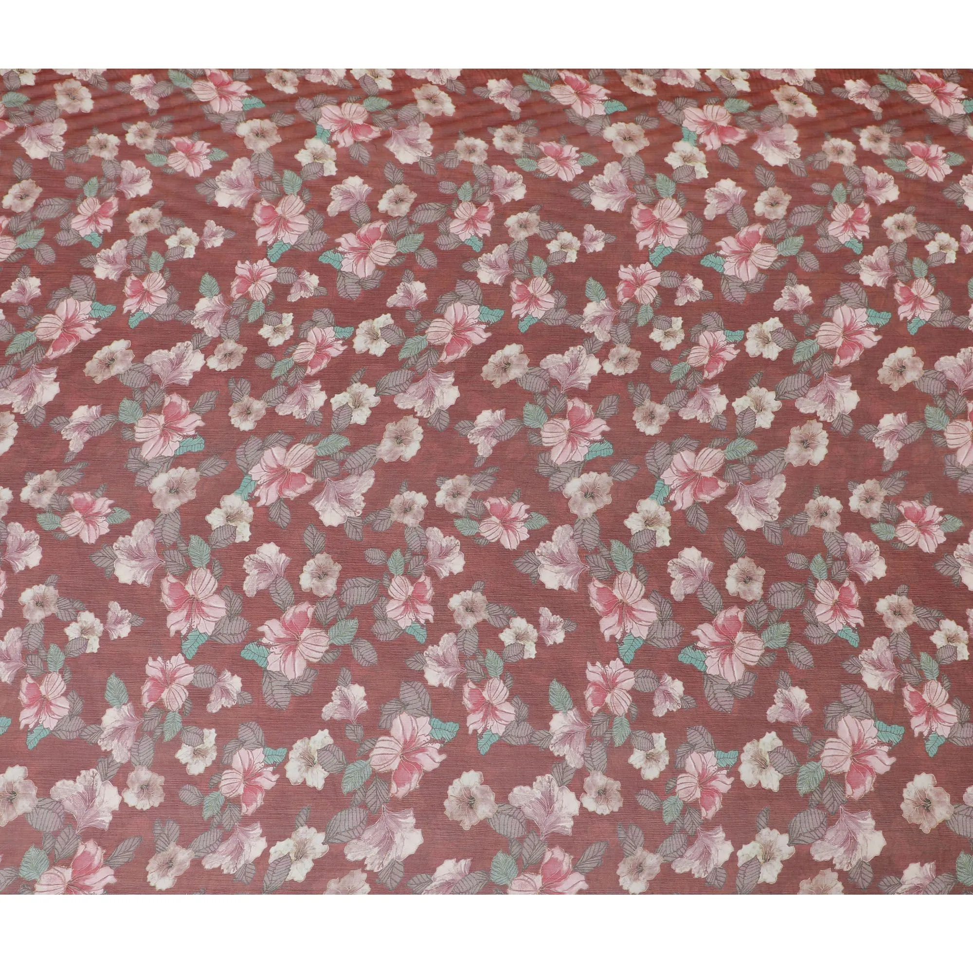 Barn red Premium pure wrinkle silk chiffon fabric with multicolor print in floral design-D17004