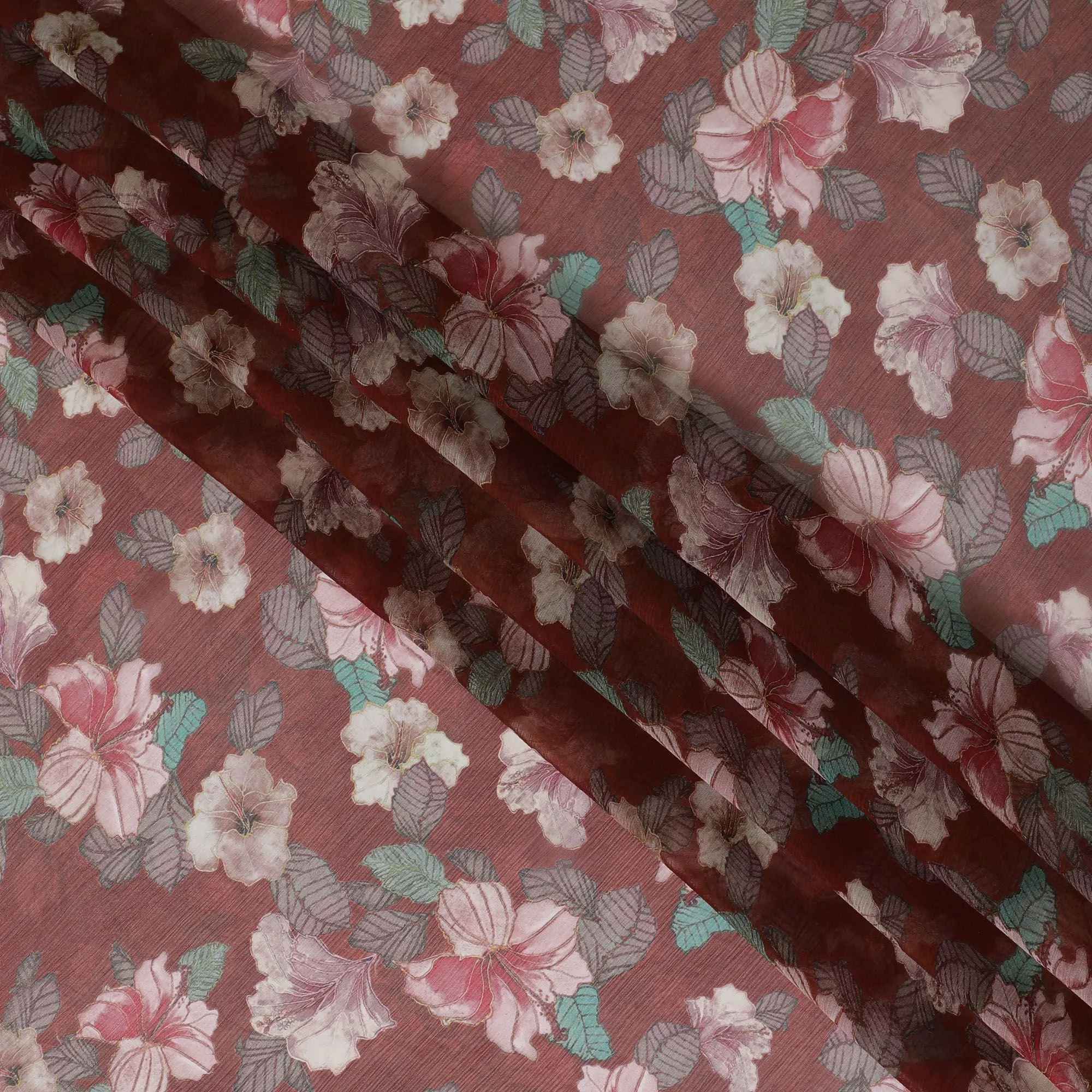 Barn red Premium pure wrinkle silk chiffon fabric with multicolor print in floral design-D17004