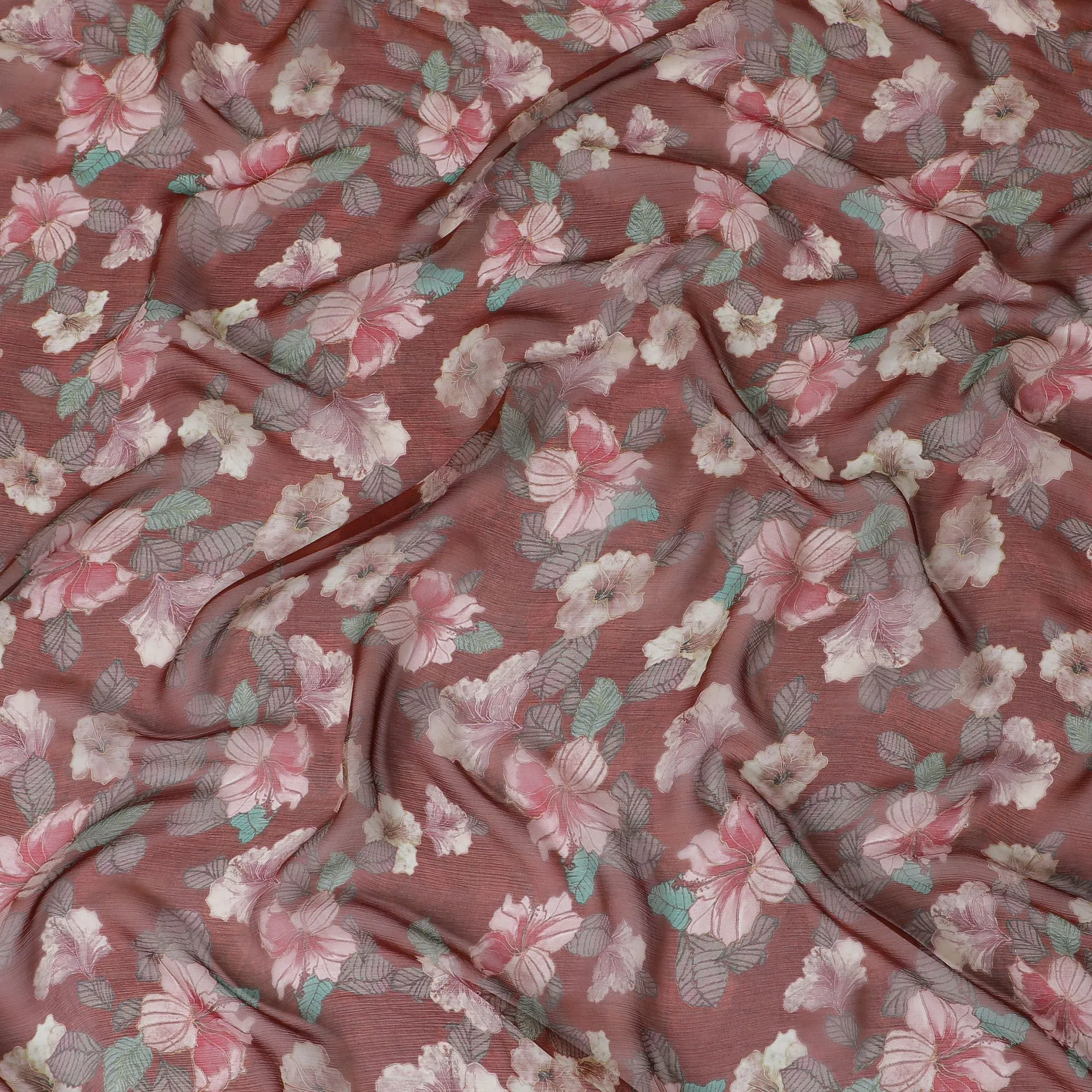 Barn red Premium pure wrinkle silk chiffon fabric with multicolor print in floral design-D17004