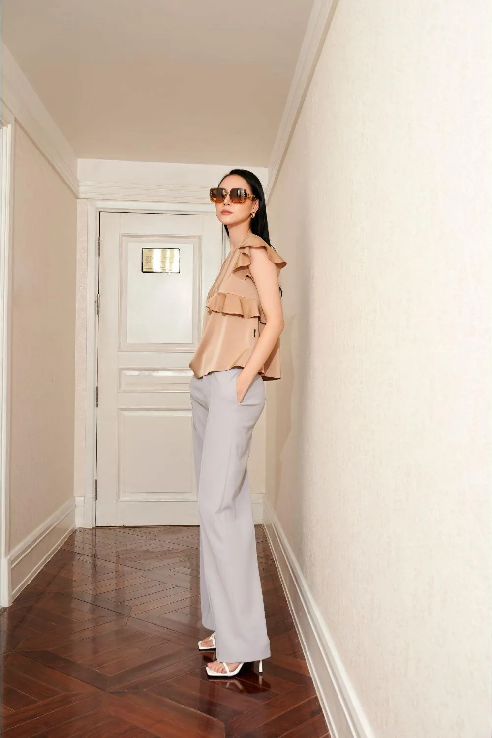 Basic Straight Wide Leg Twill Ankle Length Trousers