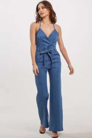 Belted Flare Denim Jumpsuit Indigo