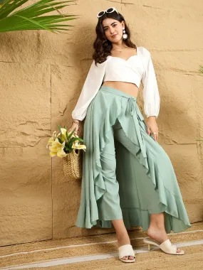 Berrylush Women Solid Light Green Waist Tie-Up Ruffled Maxi Skirt With Attached Trousers