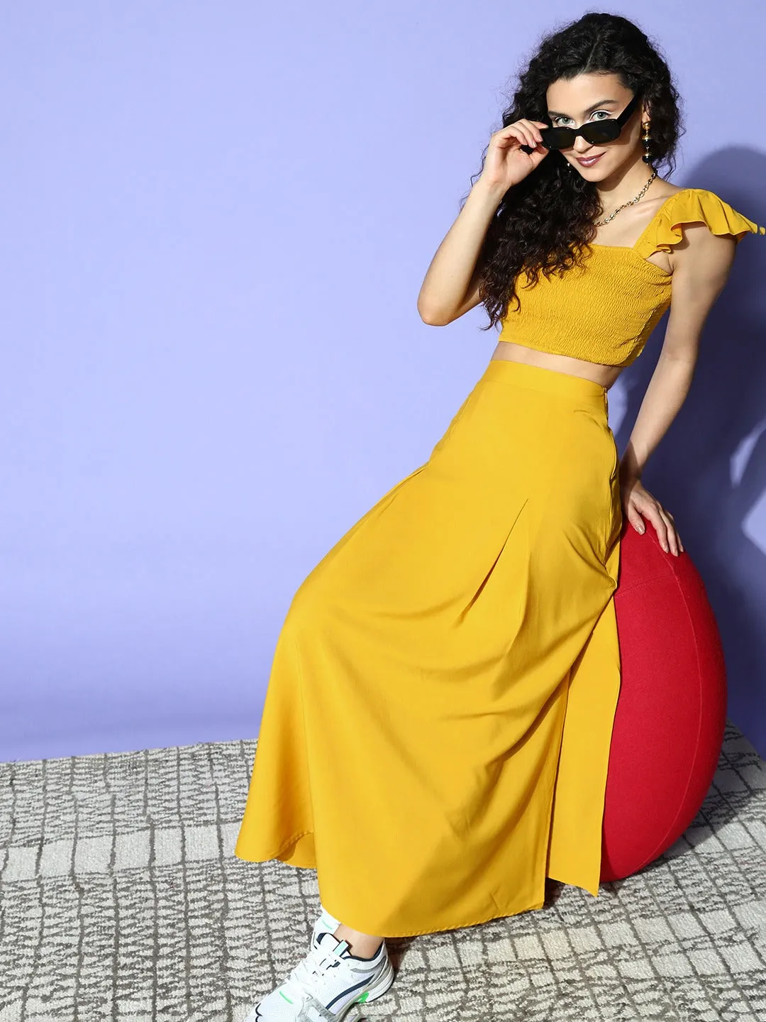 Berrylush Women Solid Yellow Square Neck Side-Slit Smocked Crop Top & Maxi Skirt Co-Ord Set