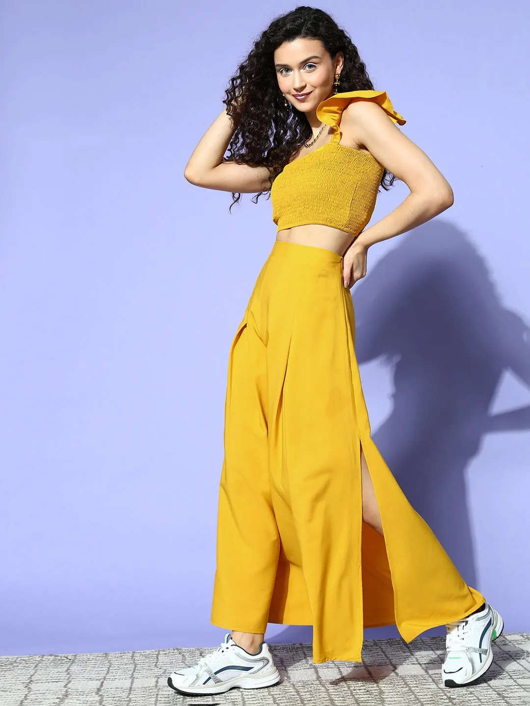 Berrylush Women Solid Yellow Square Neck Side-Slit Smocked Crop Top & Maxi Skirt Co-Ord Set