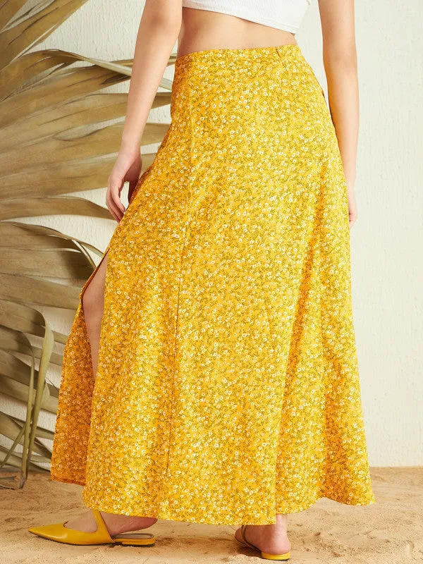 Berrylush Women Yellow & White Floral Printed High-Rise Waist Crepe Side-Slit Flared A-Line Maxi Skirt