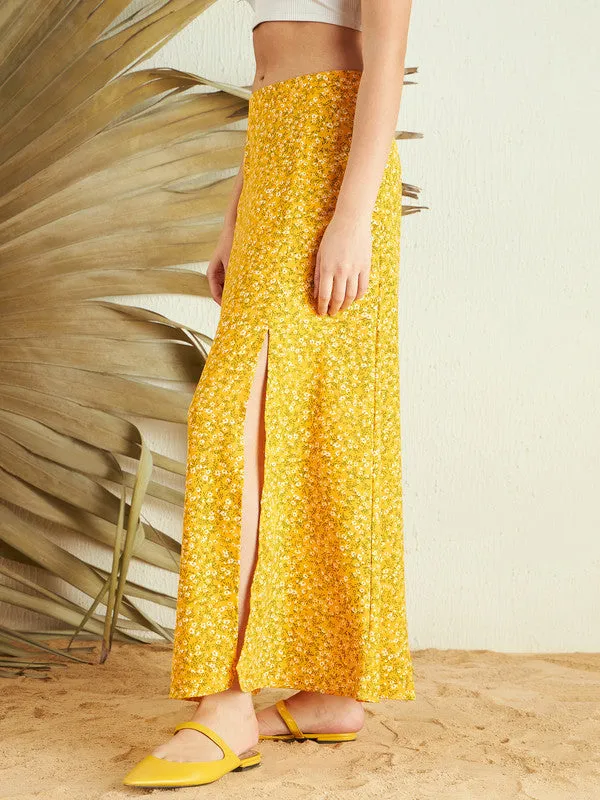 Berrylush Women Yellow & White Floral Printed High-Rise Waist Crepe Side-Slit Flared A-Line Maxi Skirt