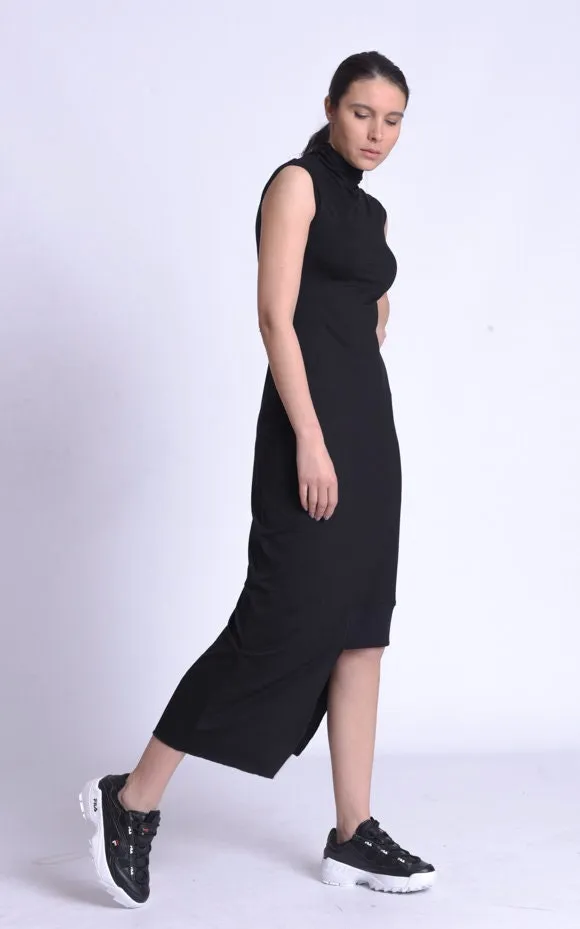 Black Asymmetric Mock Neck Dress