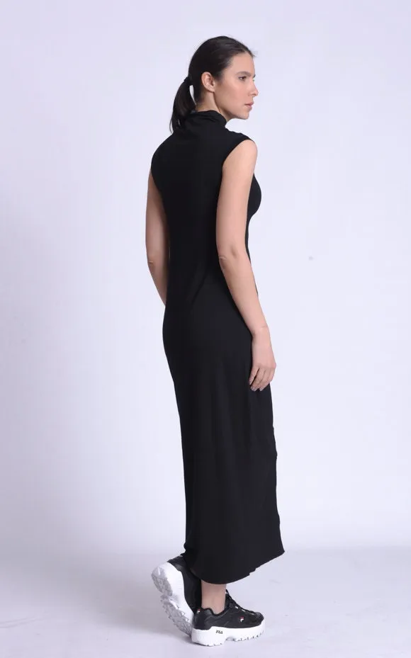 Black Asymmetric Mock Neck Dress