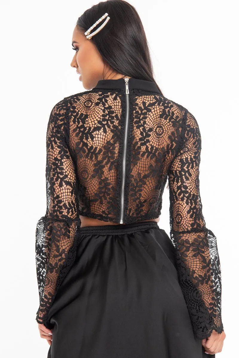 Black Crochet Lace Bell Sleeve Crop Top - Taylor