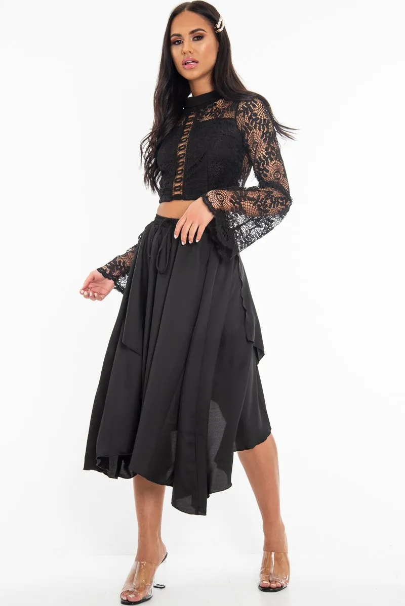 Black Crochet Lace Bell Sleeve Crop Top - Taylor