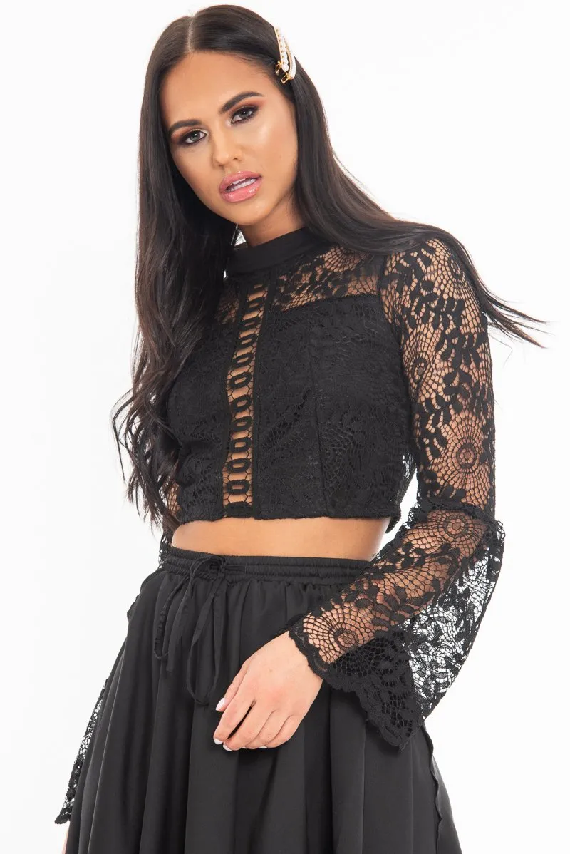 Black Crochet Lace Bell Sleeve Crop Top - Taylor