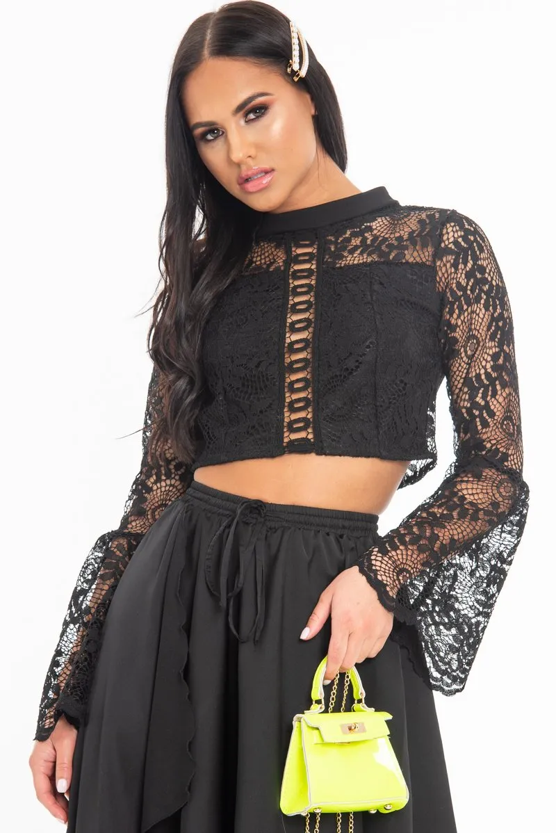 Black Crochet Lace Bell Sleeve Crop Top - Taylor