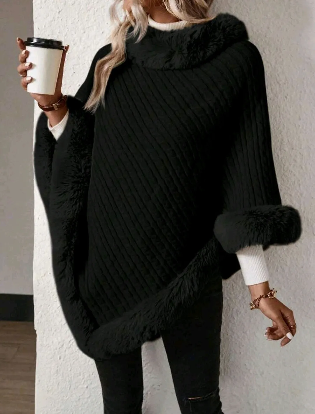 Black Solid Colour High Neck Fuzzy Trim Batwing Sleeve Sweater