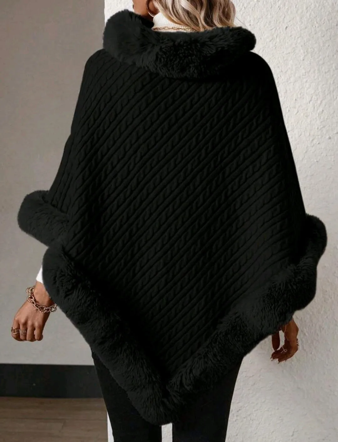 Black Solid Colour High Neck Fuzzy Trim Batwing Sleeve Sweater