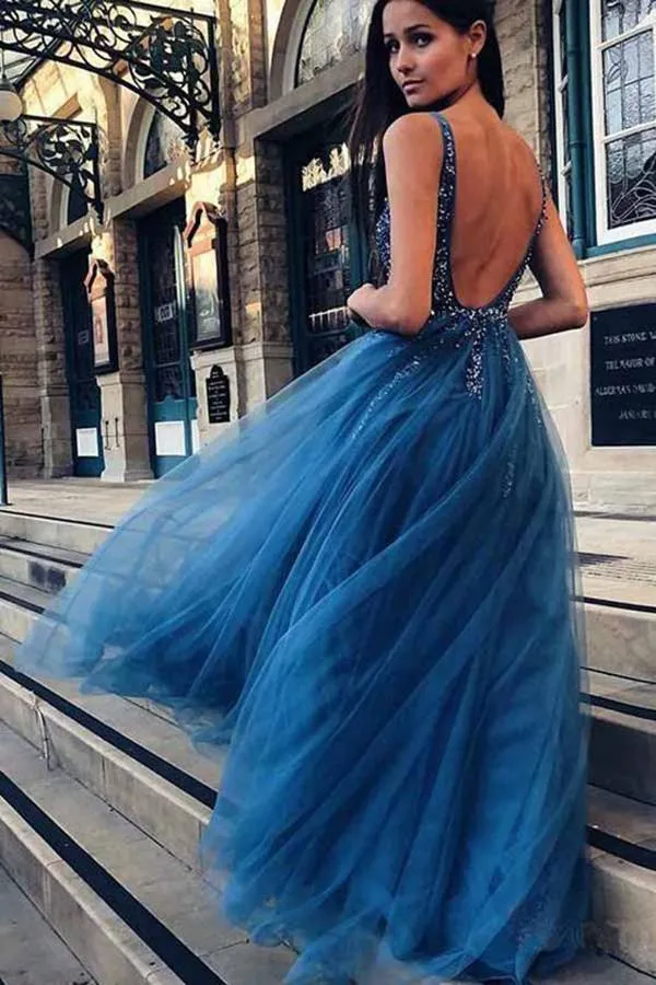 Blue Beaded V-Neck Backless A-Line Tulle Prom Dress, PD2306221