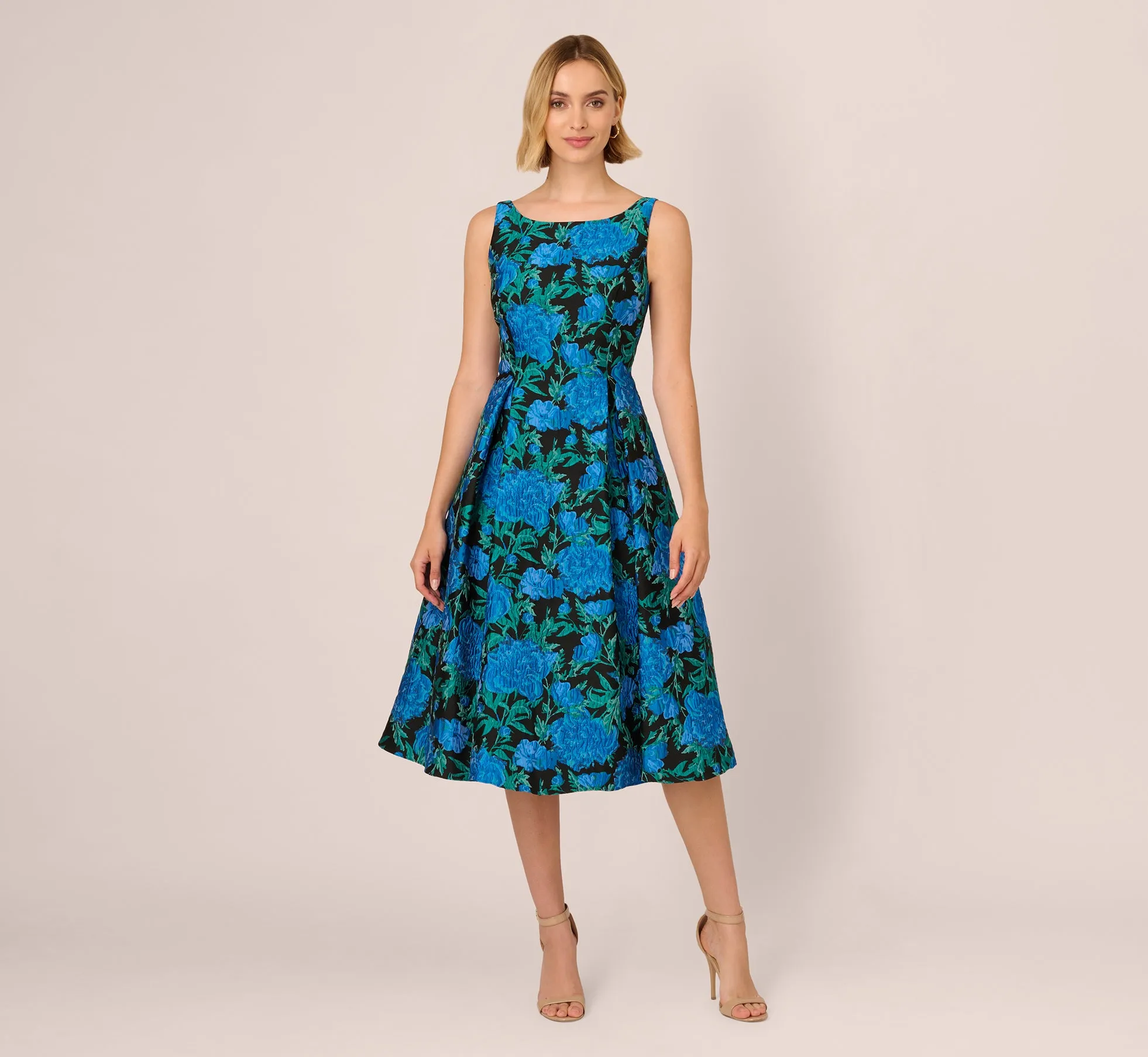 Boat Neck Jacquard Midi Dress In Blue Green