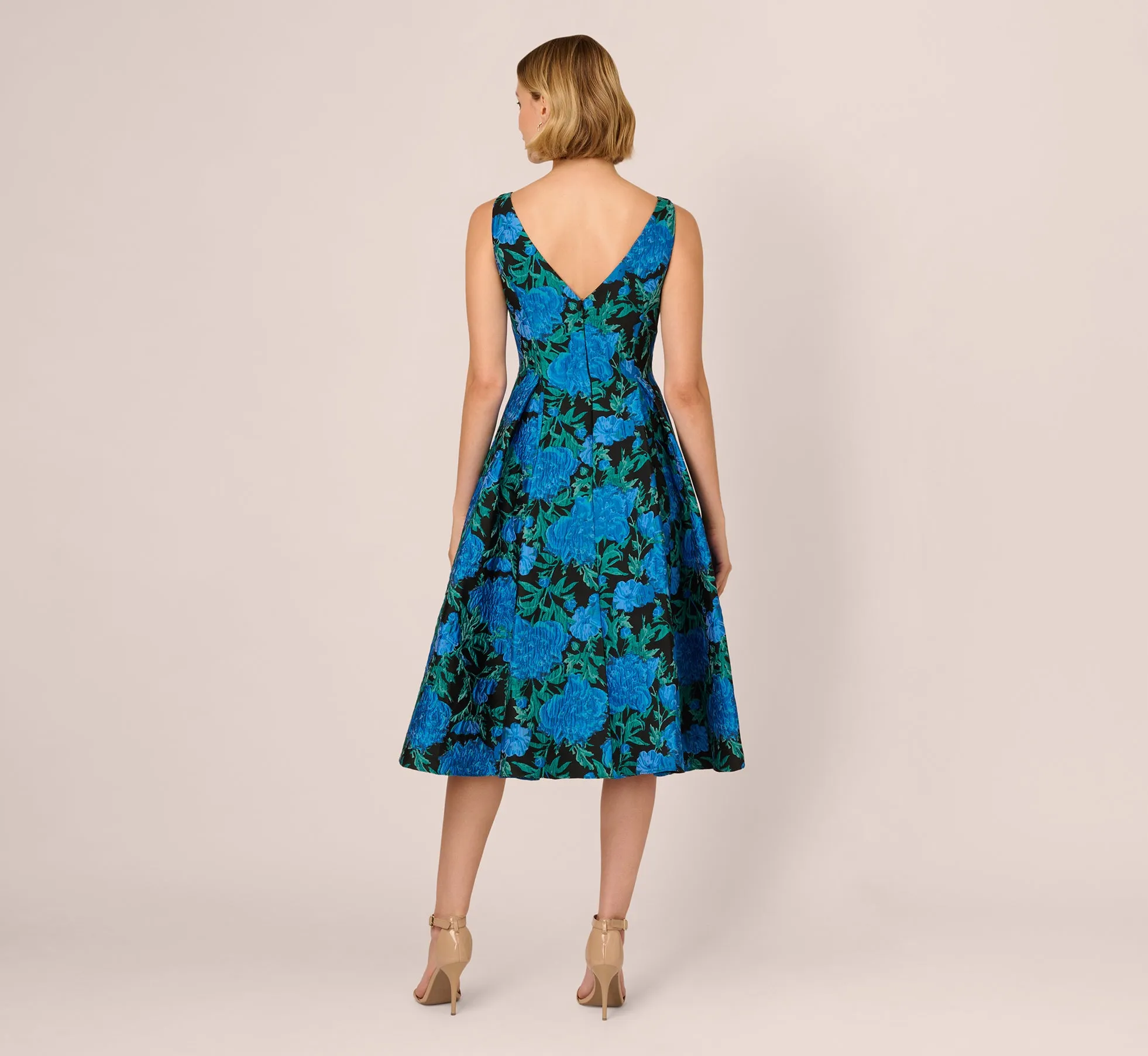 Boat Neck Jacquard Midi Dress In Blue Green