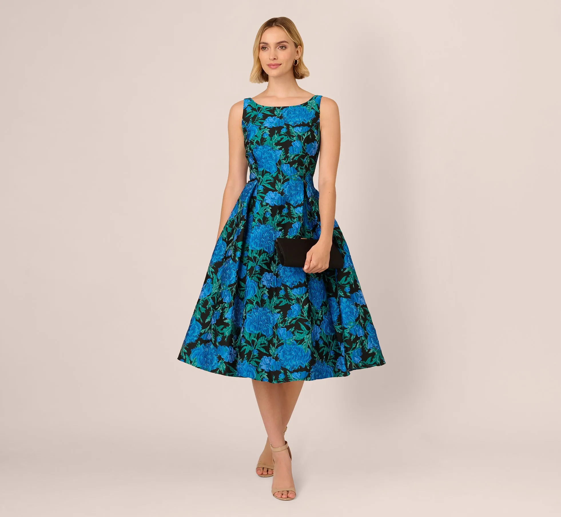 Boat Neck Jacquard Midi Dress In Blue Green