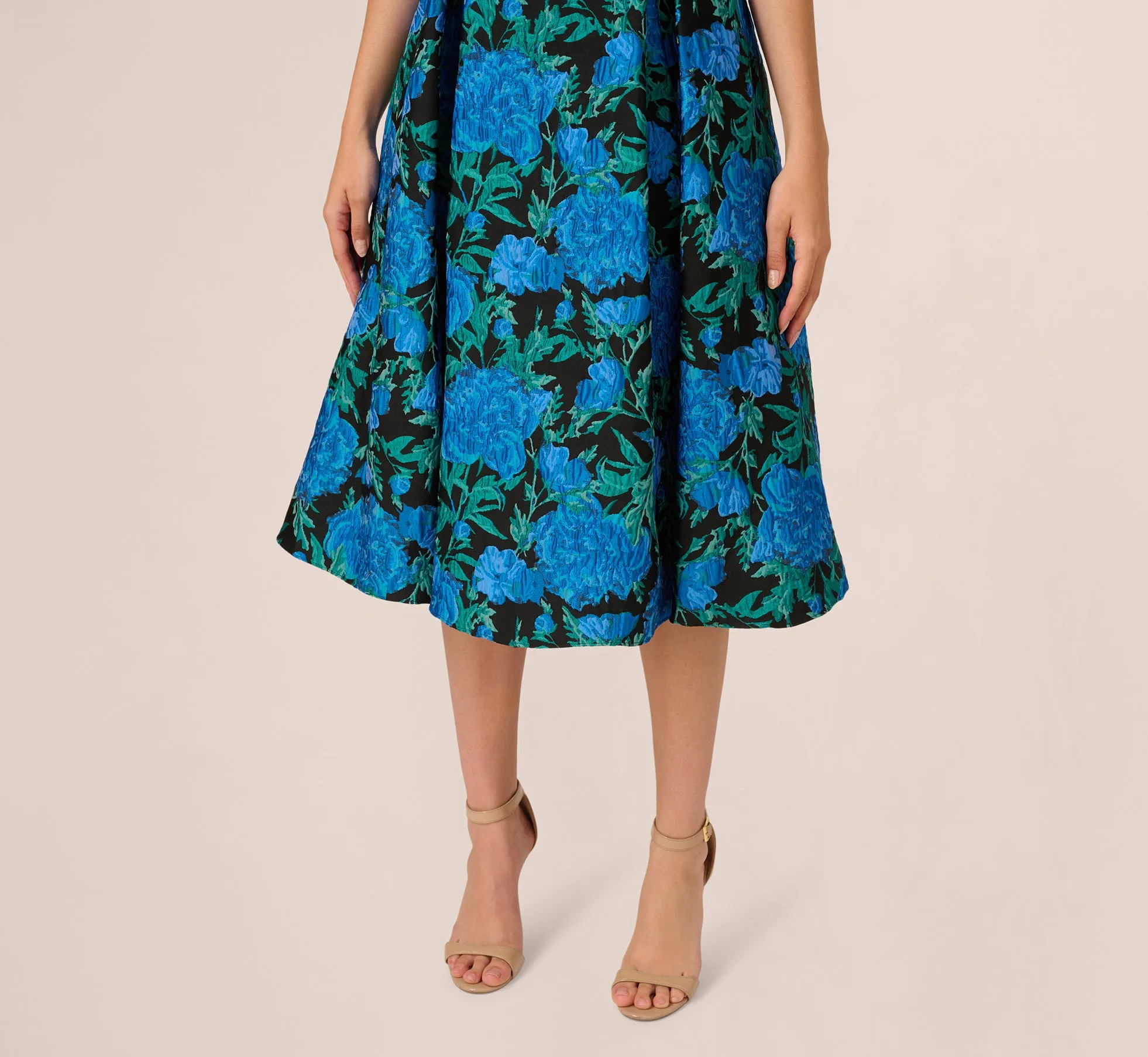 Boat Neck Jacquard Midi Dress In Blue Green