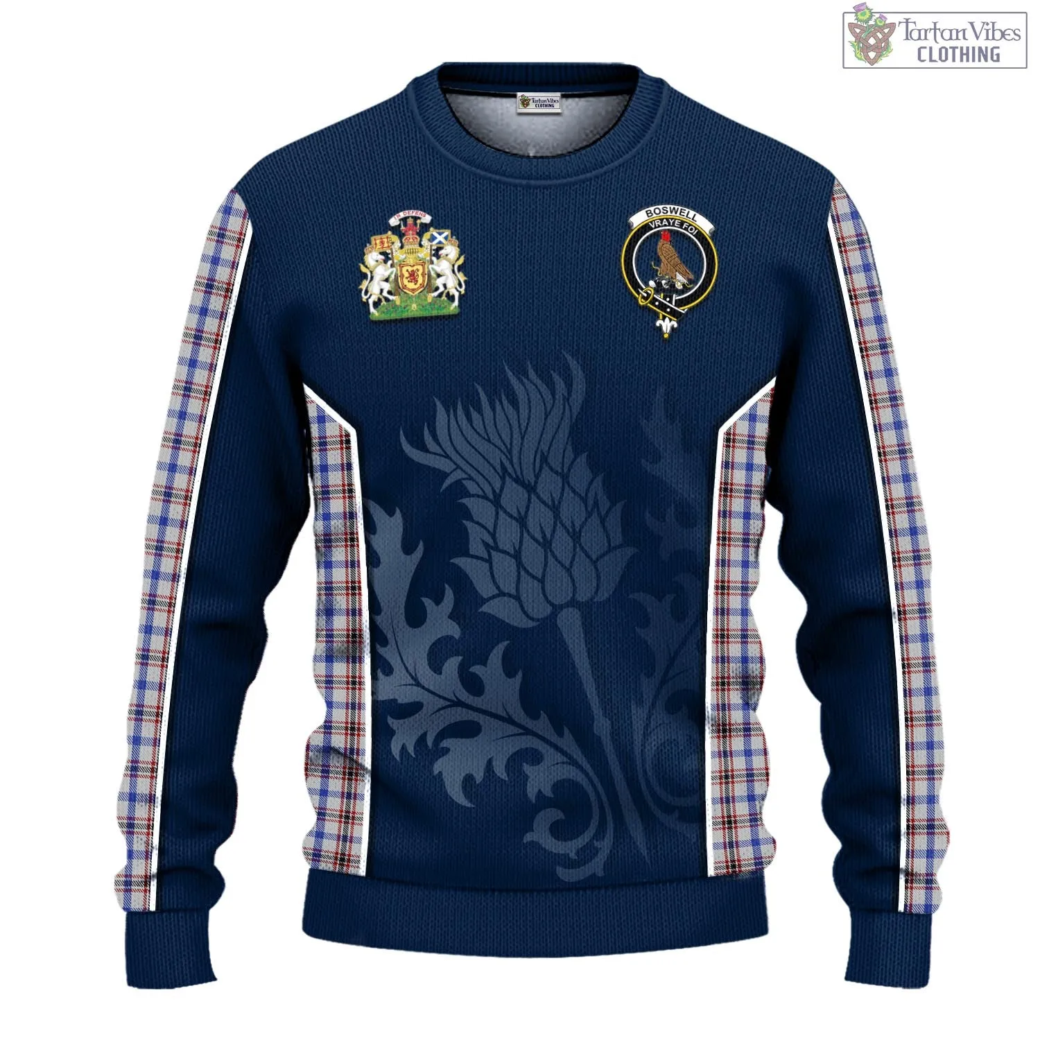 Boswell Tartan Knitted Sweatshirt with Family Crest and Scottish Thistle Vibes Sport Style