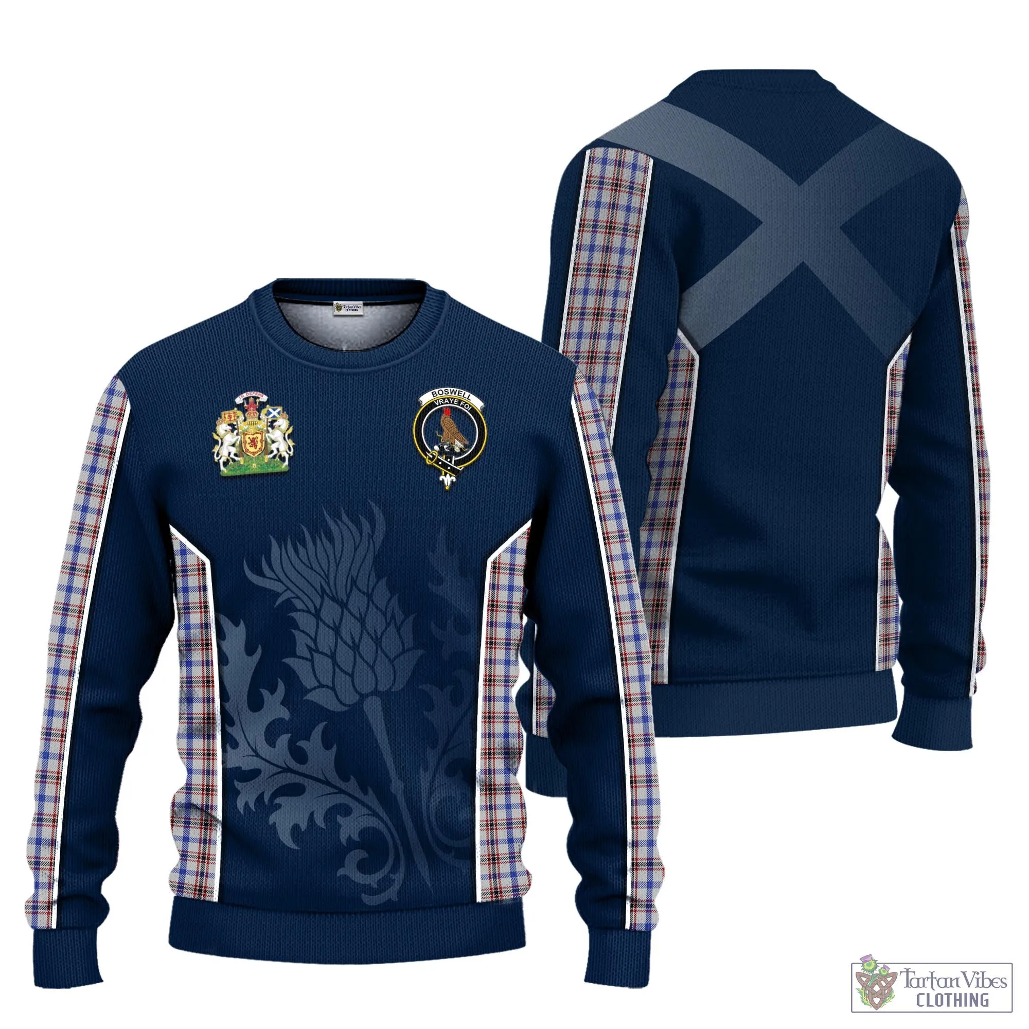 Boswell Tartan Knitted Sweatshirt with Family Crest and Scottish Thistle Vibes Sport Style