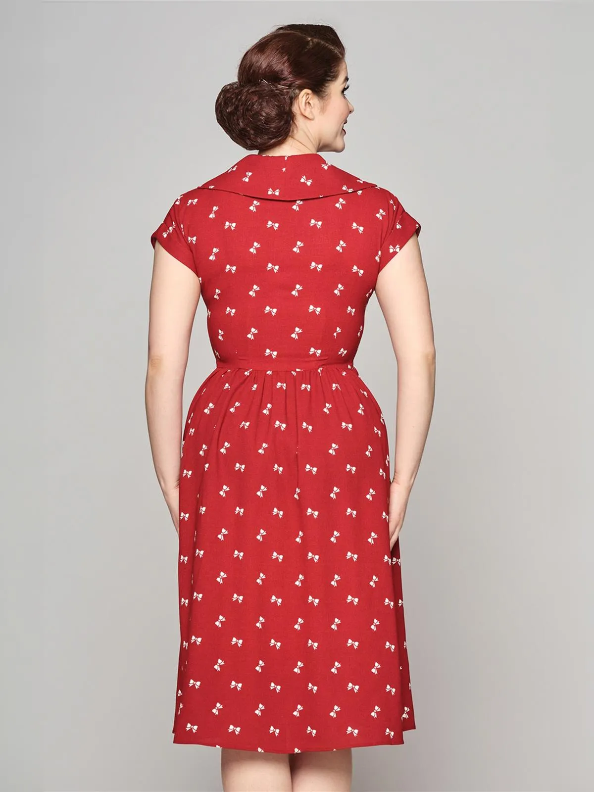 Bow Print Vintage Style Red Shirtwaist Dress