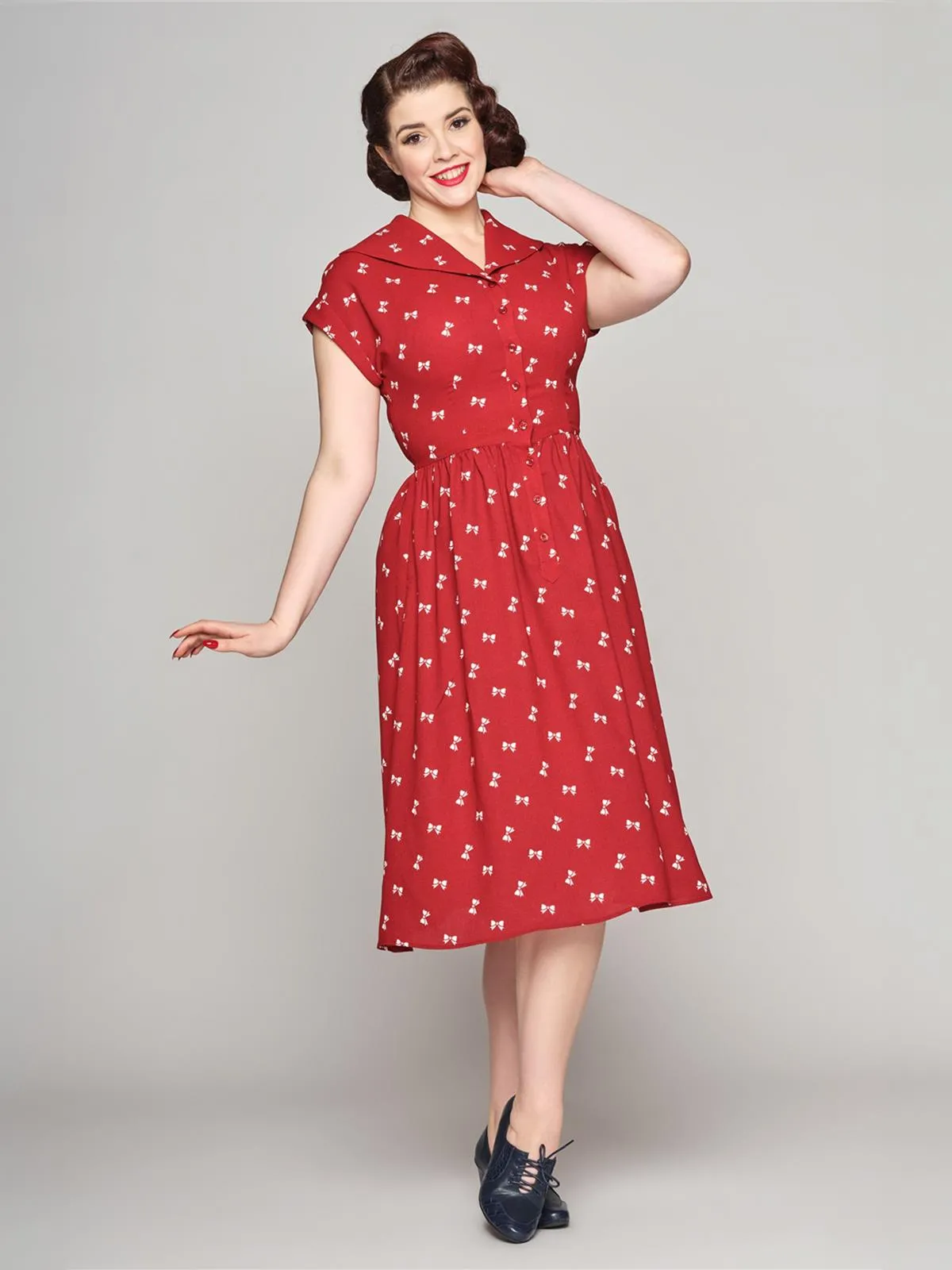 Bow Print Vintage Style Red Shirtwaist Dress