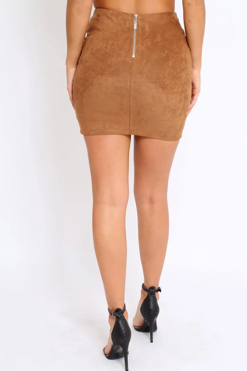 Brown Lace Up Suedette Mini Skirt - Lotty