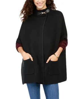 Cejon Women's Bird's Eye Riding Welt Pockets Cape Poncho, Black