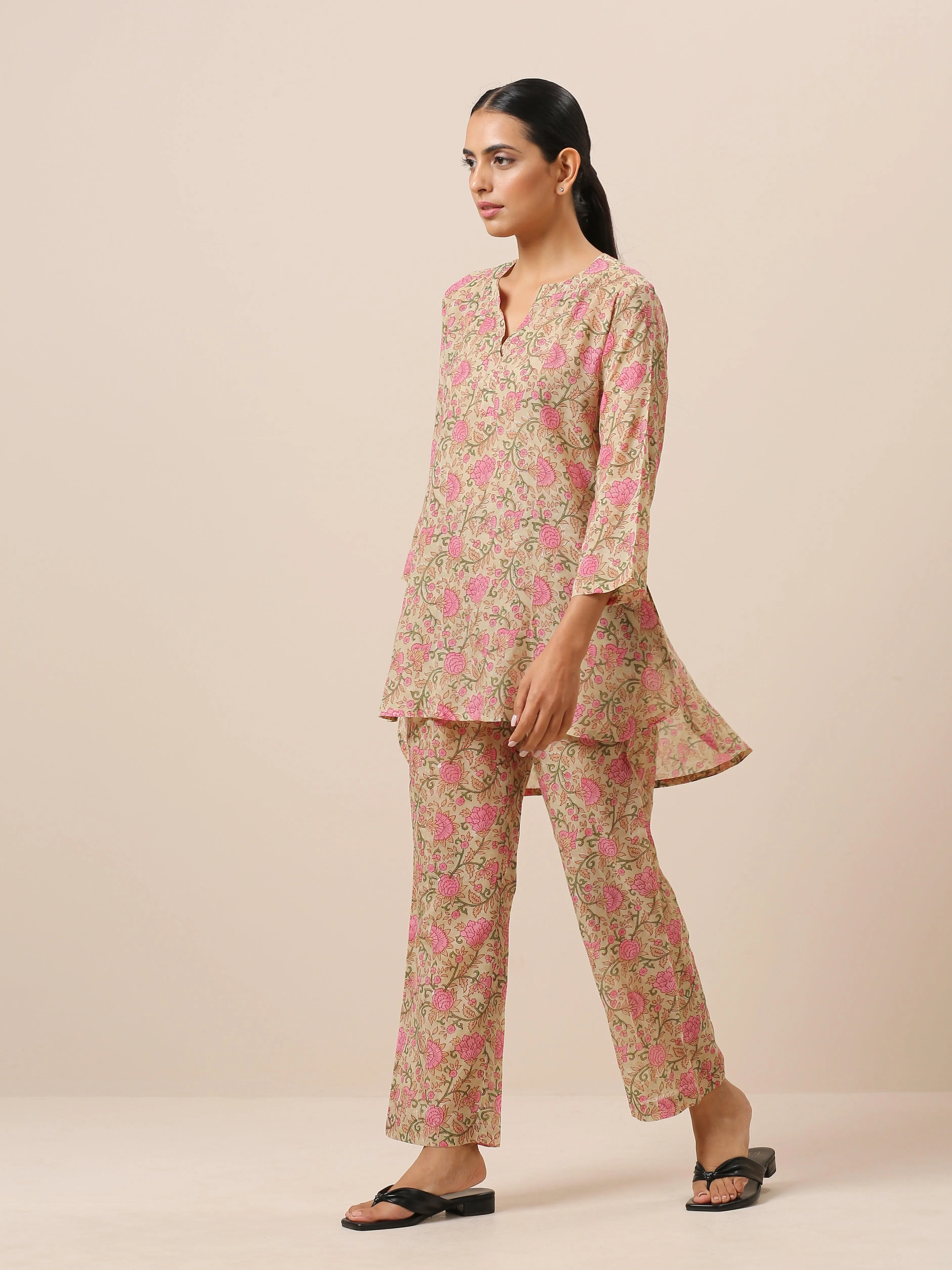 Cotton Hand Block Printed Green Pink Co-Ord Set