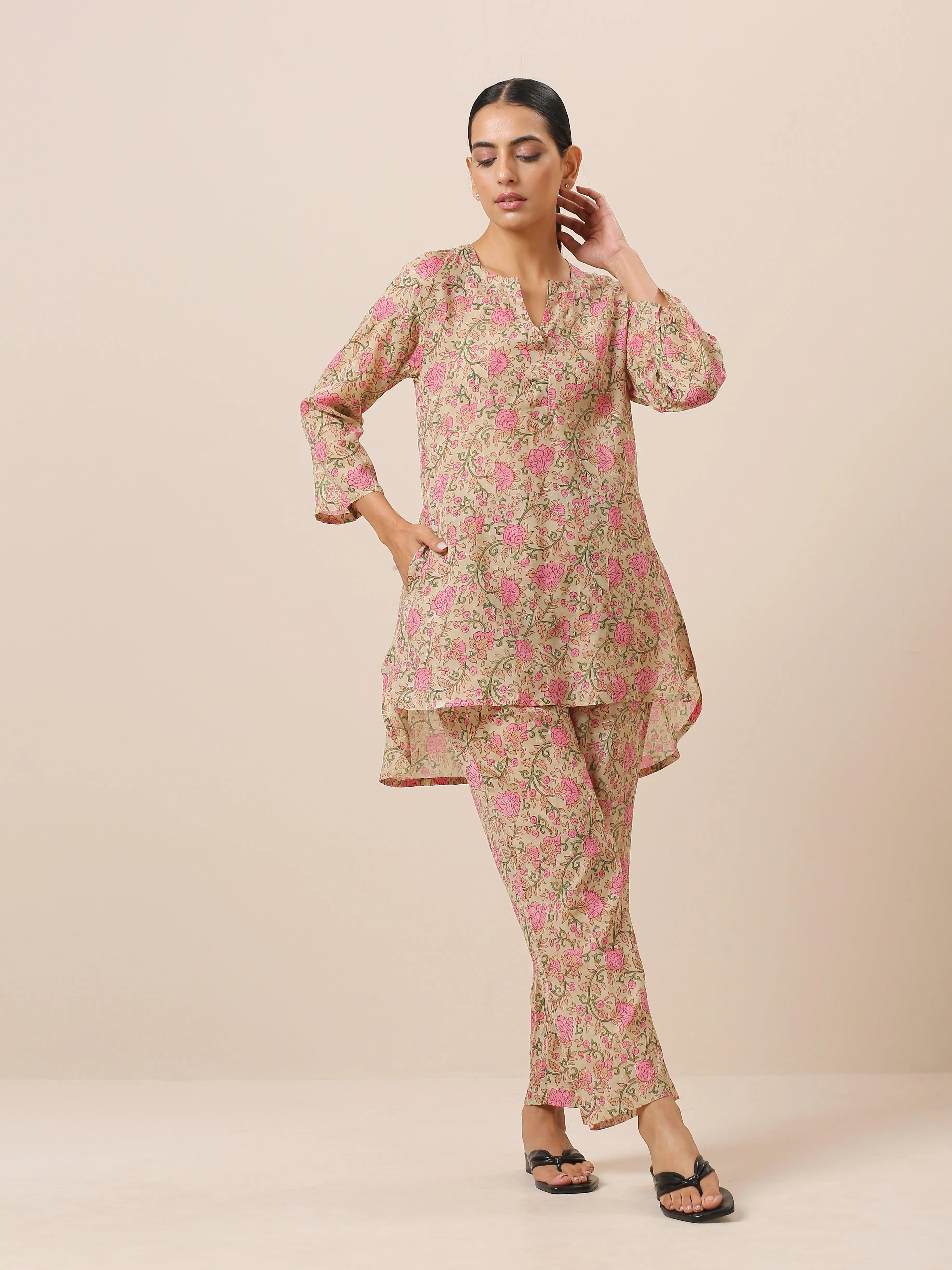 Cotton Hand Block Printed Green Pink Co-Ord Set