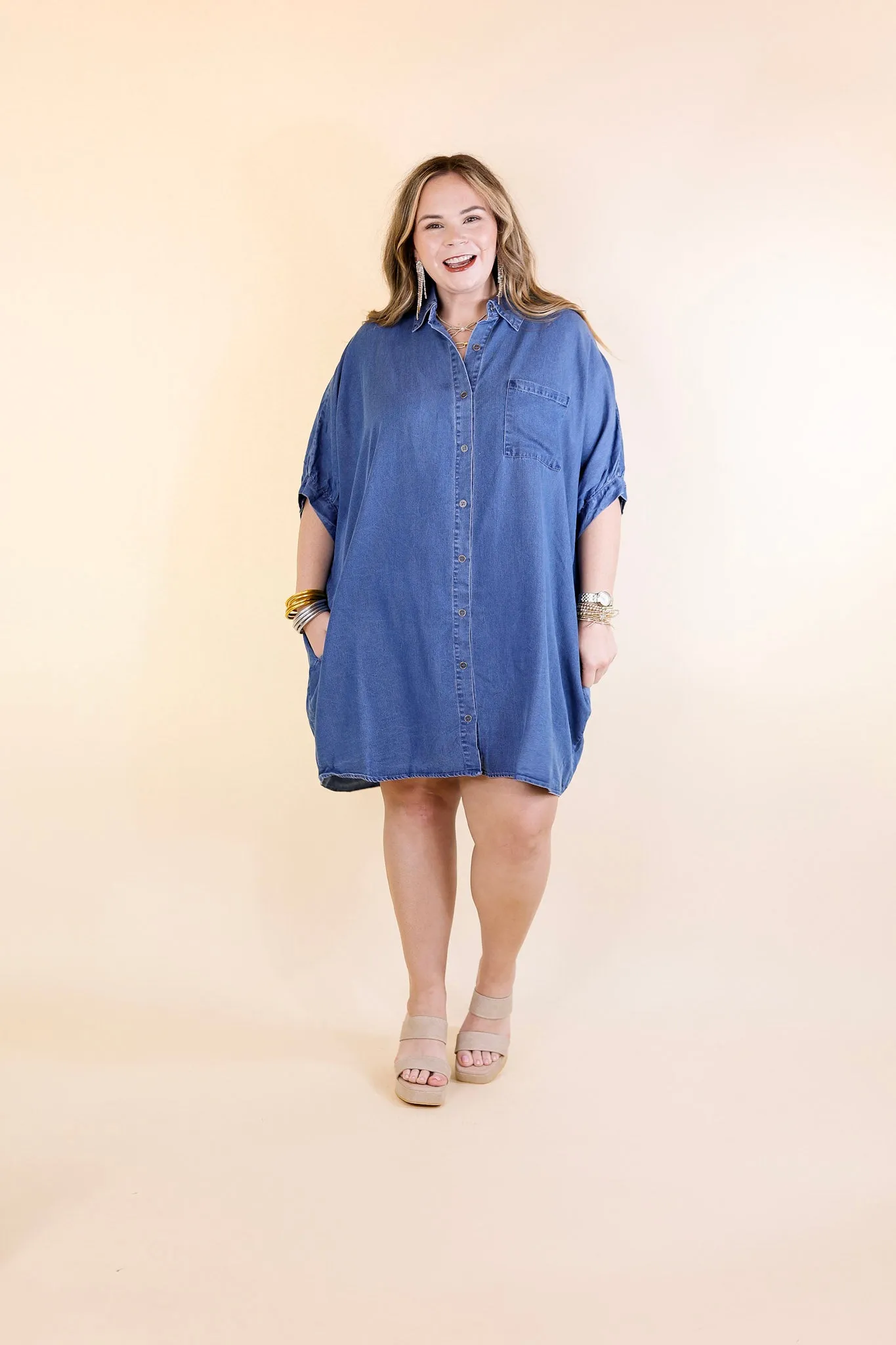 Cozy And Kind Button Up Denim Dress with Collar