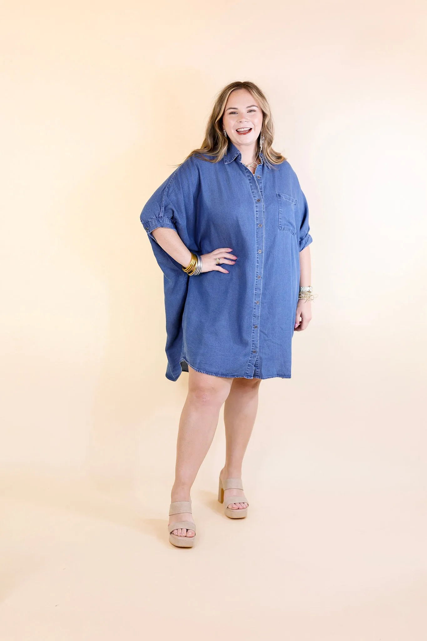 Cozy And Kind Button Up Denim Dress with Collar