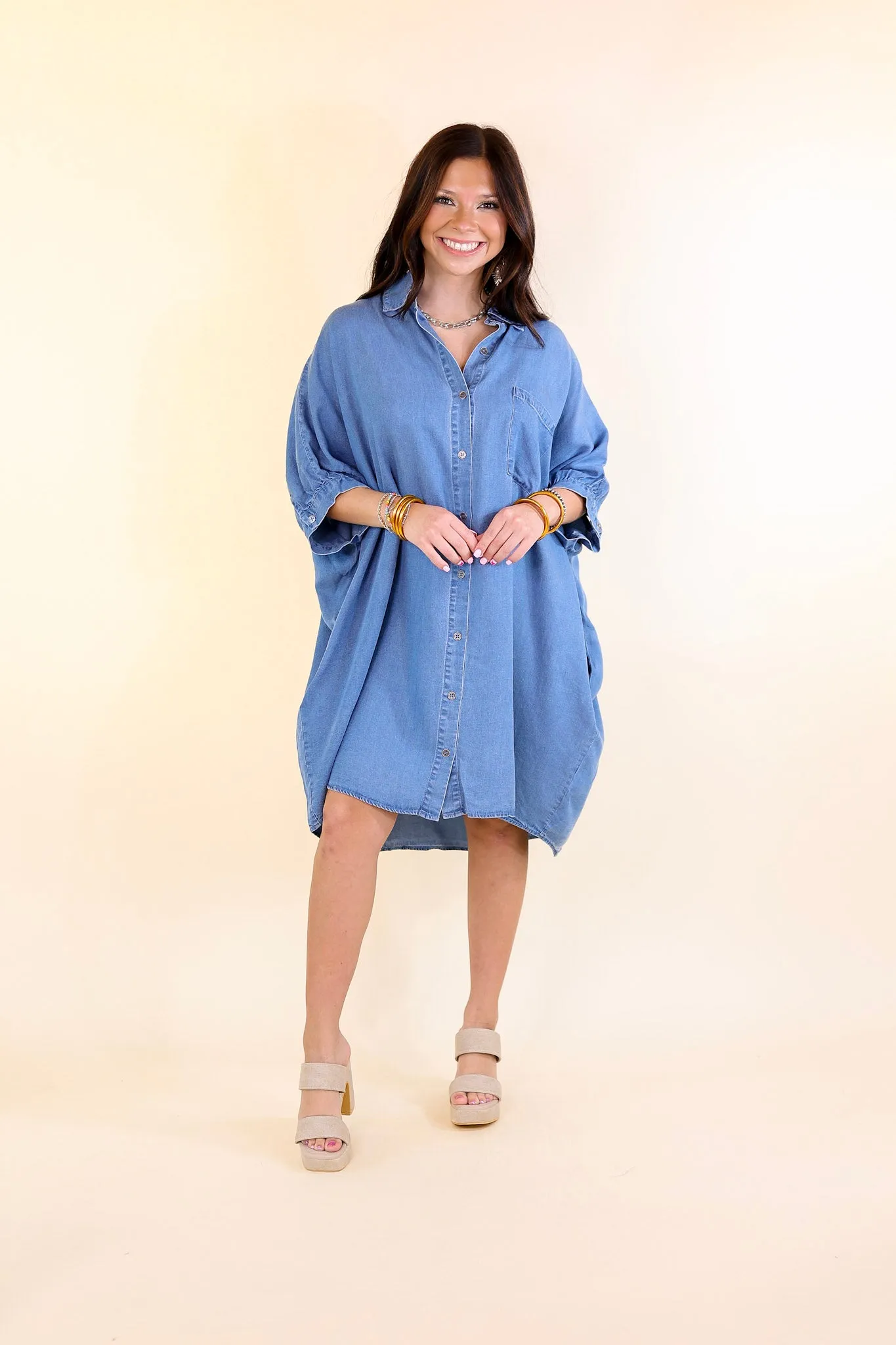 Cozy And Kind Button Up Denim Dress with Collar